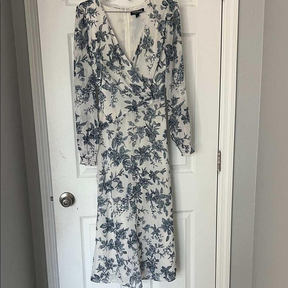 Ralph Lauren Long Sleeve Floral Dress in White and Blue